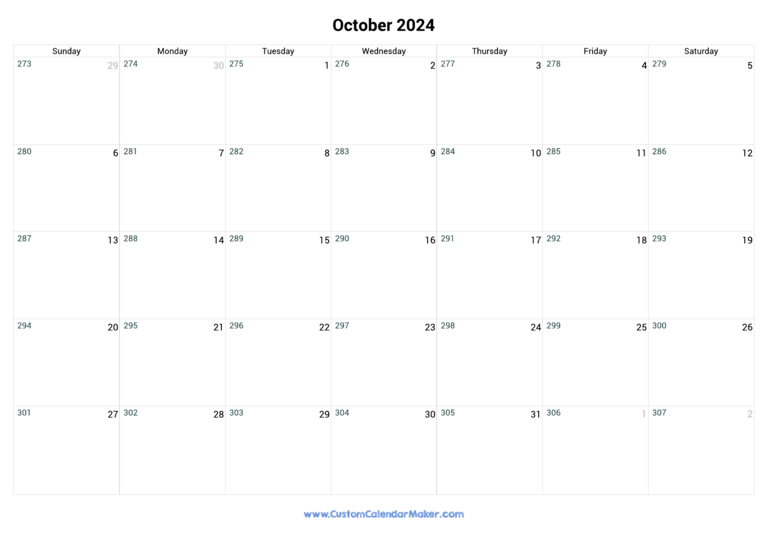 October 2024 Day Number Of The Year Calendar