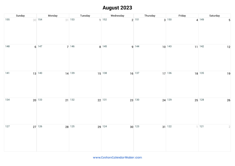 August 2023 Remaining Days Calendar