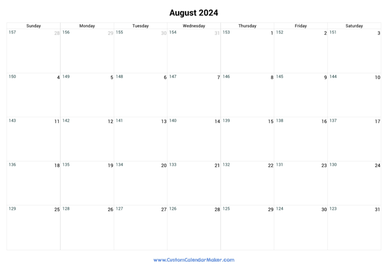 August 2024 Remaining Days Calendar