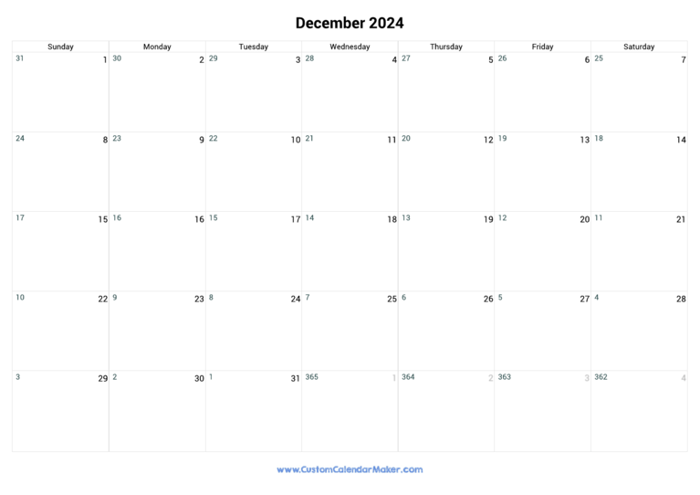 December 2024 Remaining Days Calendar