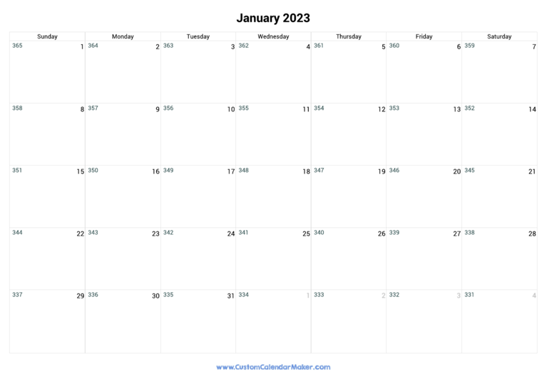 January 2023 Remaining Days Calendar