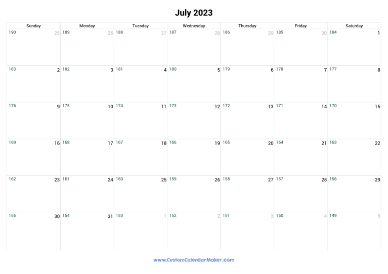 July 2023 Remaining Days Calendar