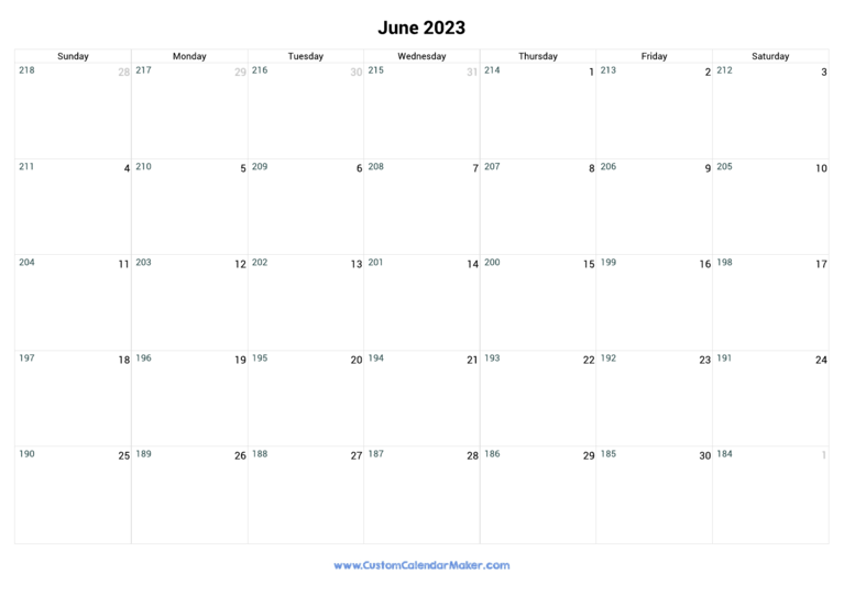 June 2023 Remaining Days Calendar