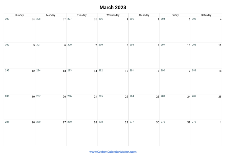 March 2023 Remaining Days Calendar