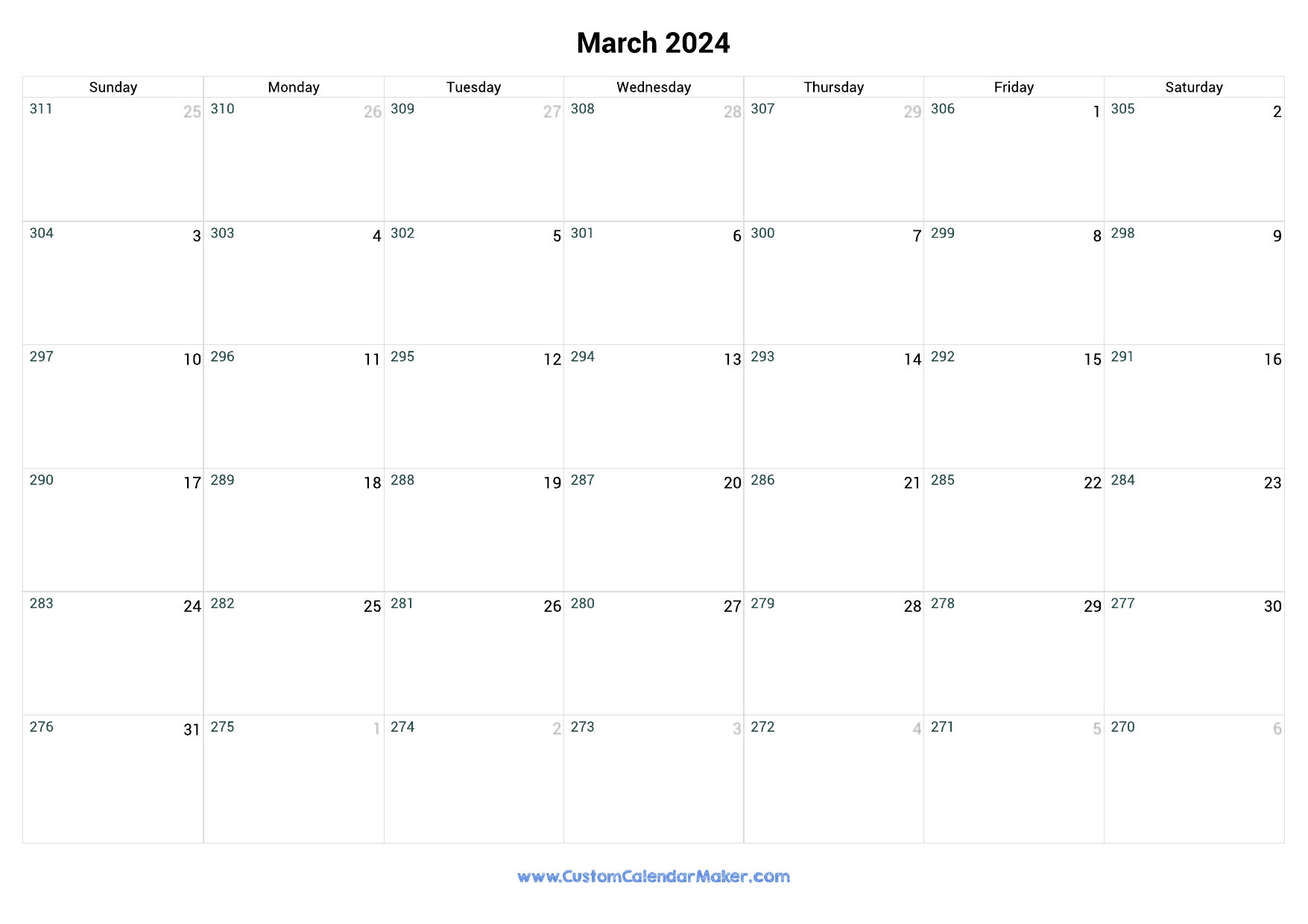 March 2024 Remaining Days Calendar