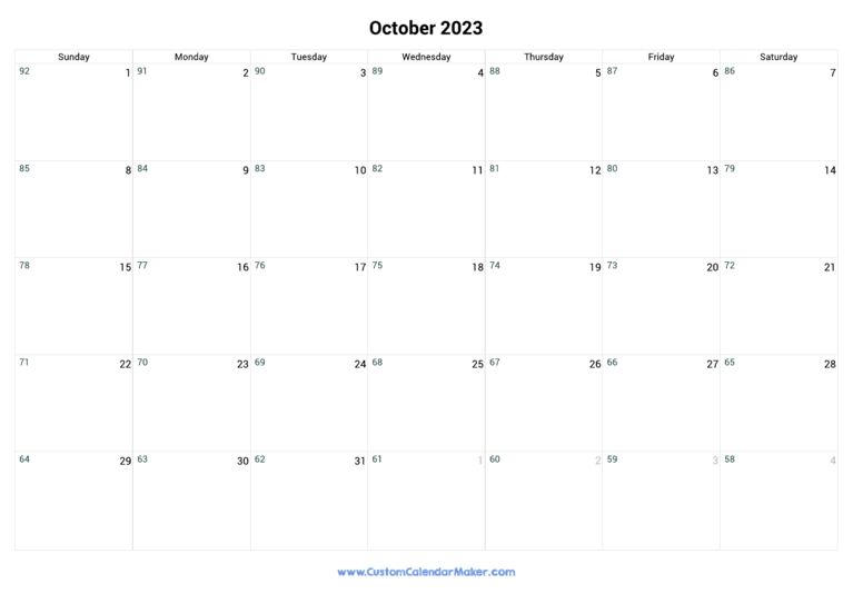 October 2023 Remaining Days Calendar