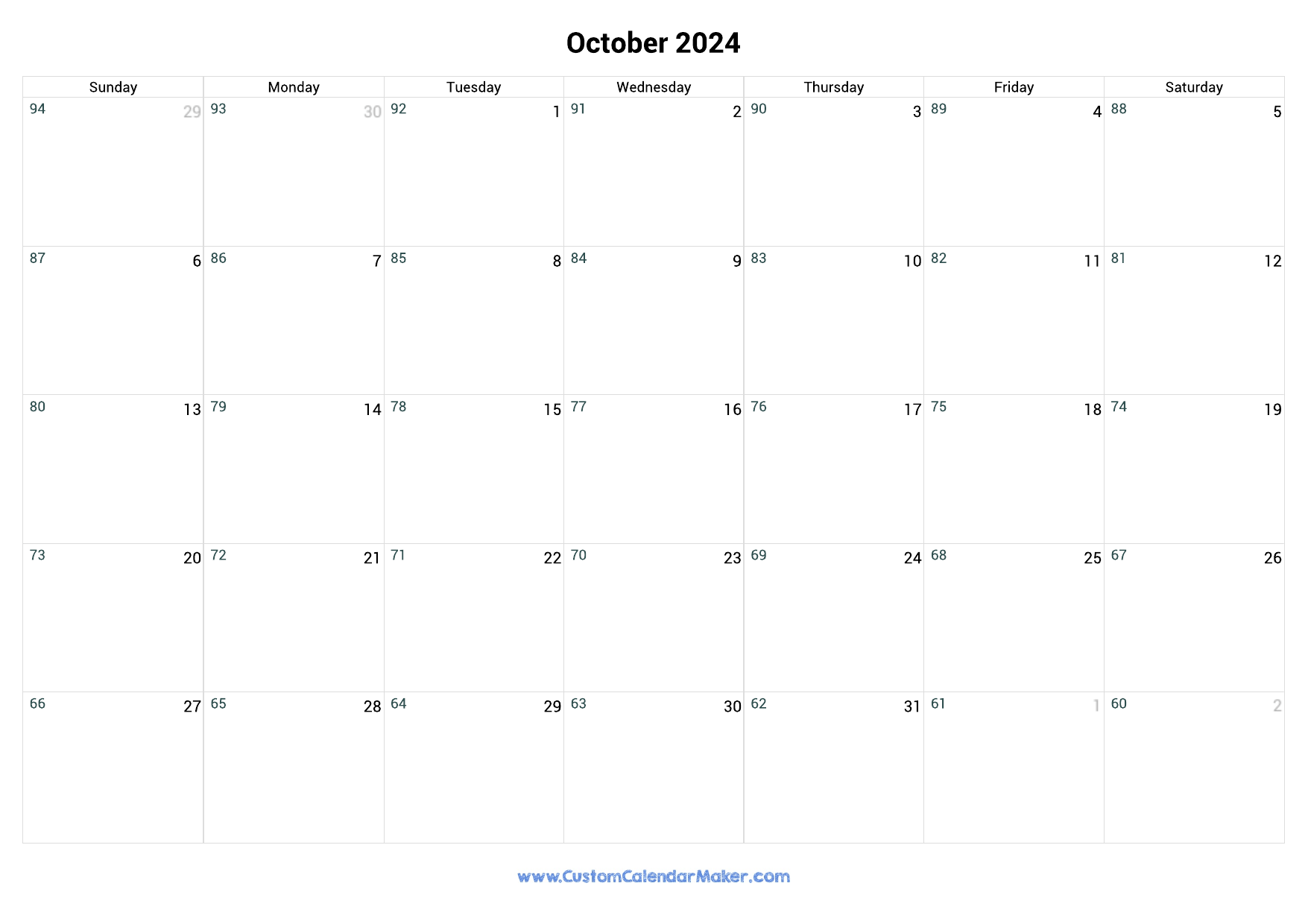October 2024 Remaining Days Calendar
