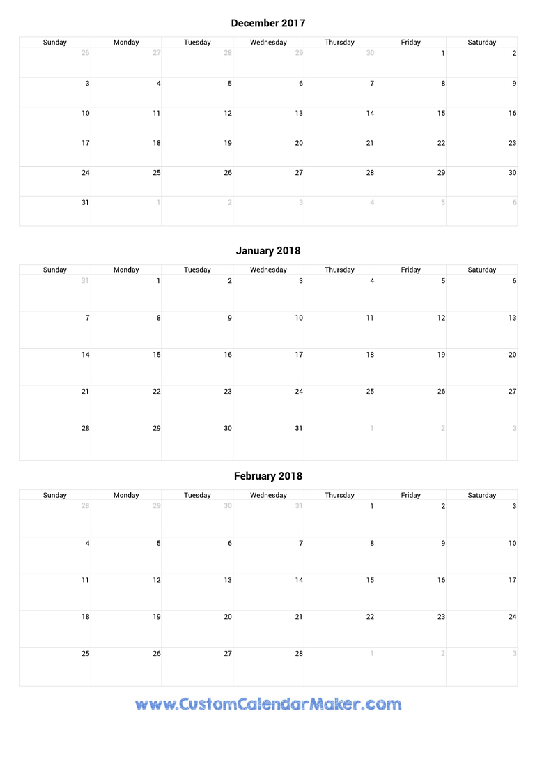 December 2017 to February 2018 Calendar