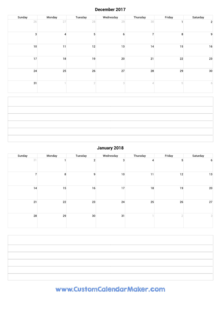 december 2017 and january 2018 calendar with notes