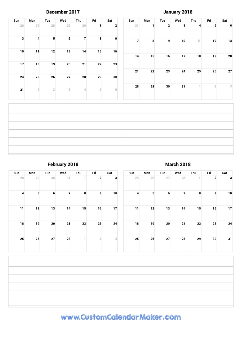 December 2017 to March 2018 Calendar