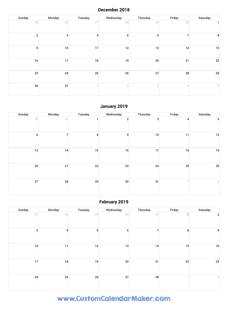December 2018 to February 2019 Calendar