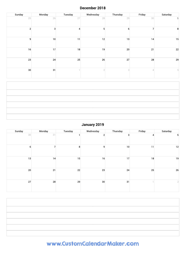 december 2018 and january 2019 calendar with notes