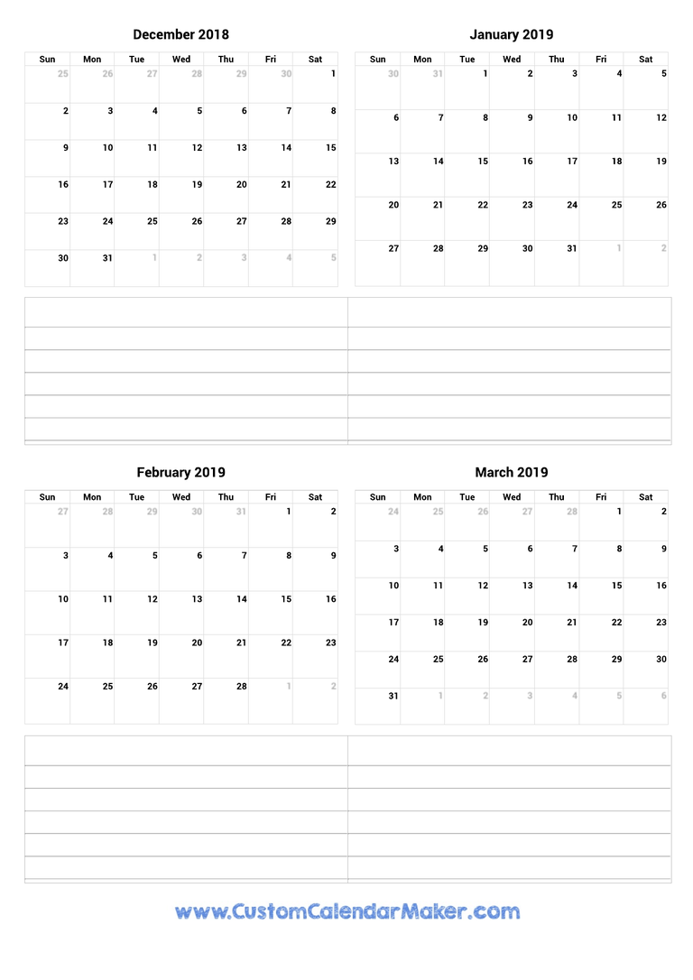 December 2018 to March 2019 Calendar