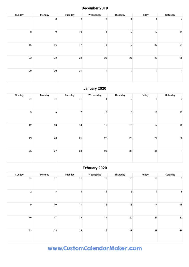 December 2019 to February 2020 Calendar