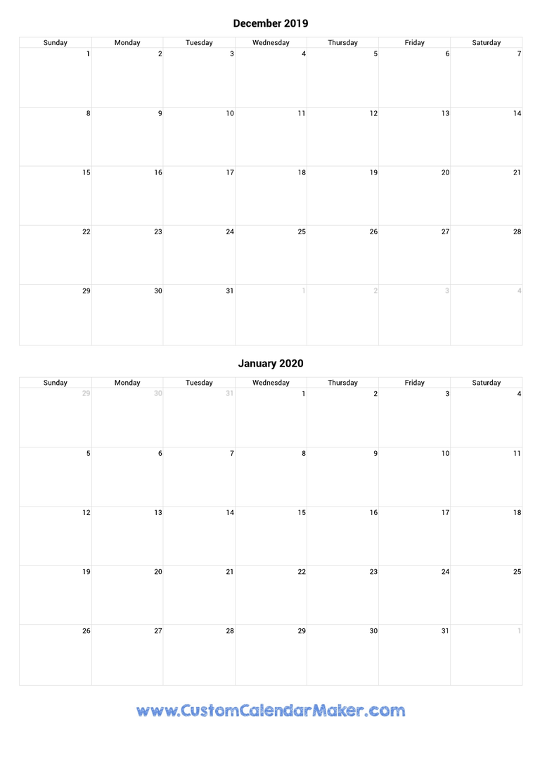 December and January 2019 Calendar