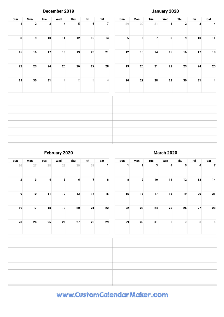 December 2019 to March 2020 Calendar