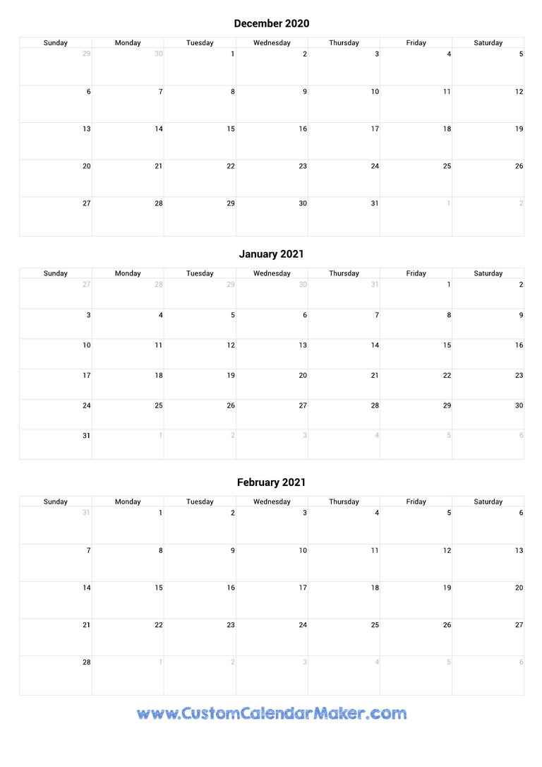 December 2020 to February 2021 Calendar