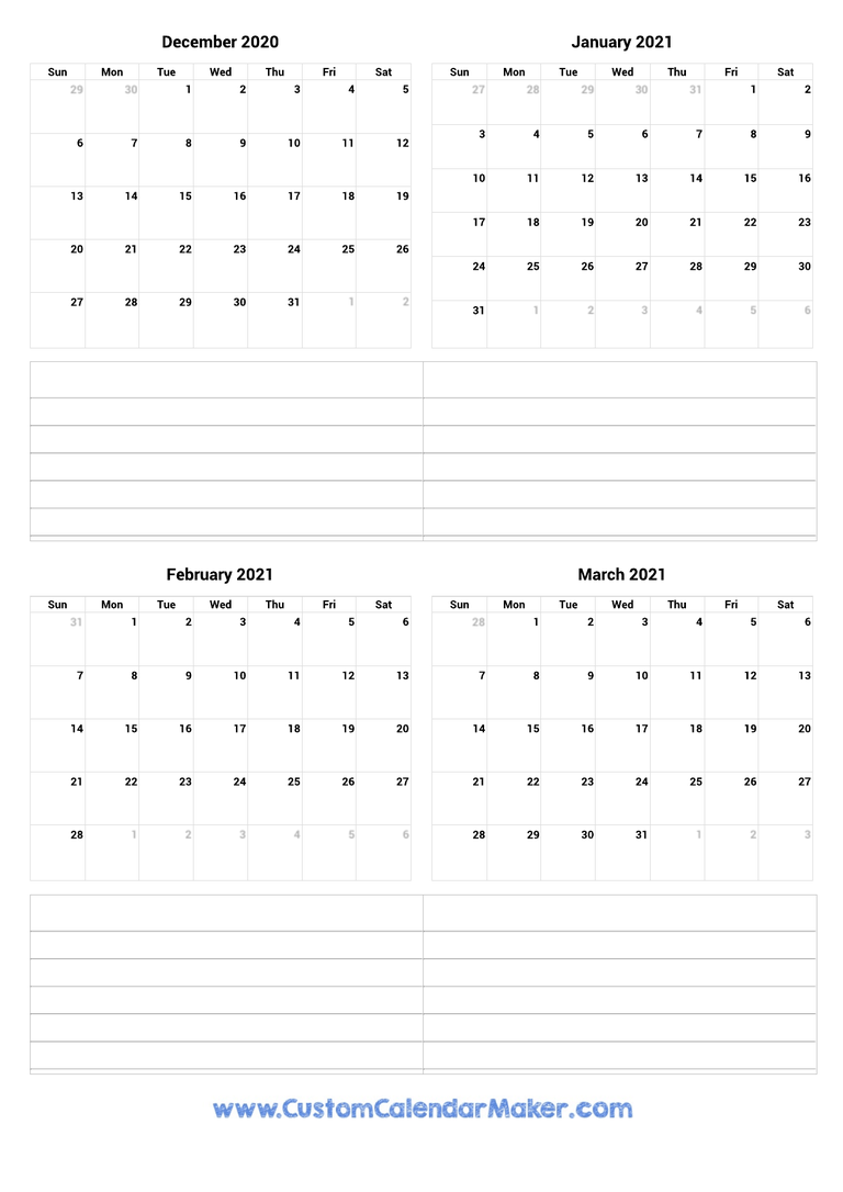 December 2020 to March 2021 Calendar