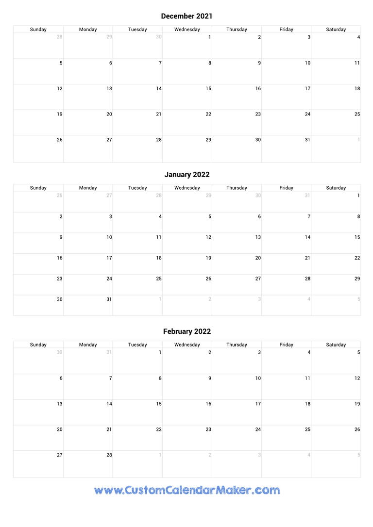 December 2021 to February 2022 Calendar