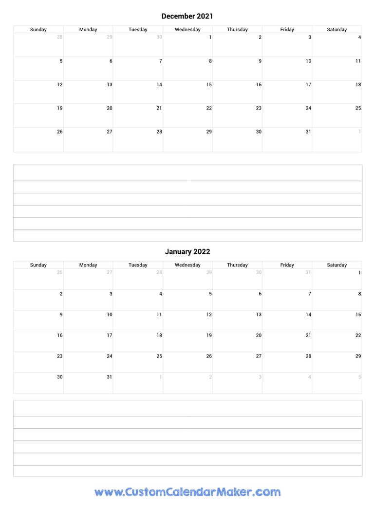 december 2021 and january 2022 calendar with notes