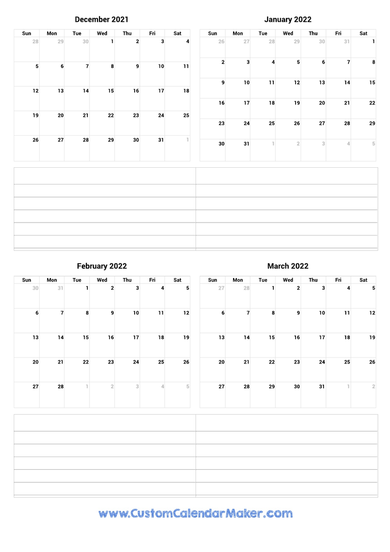 December 2021 to March 2022 Calendar