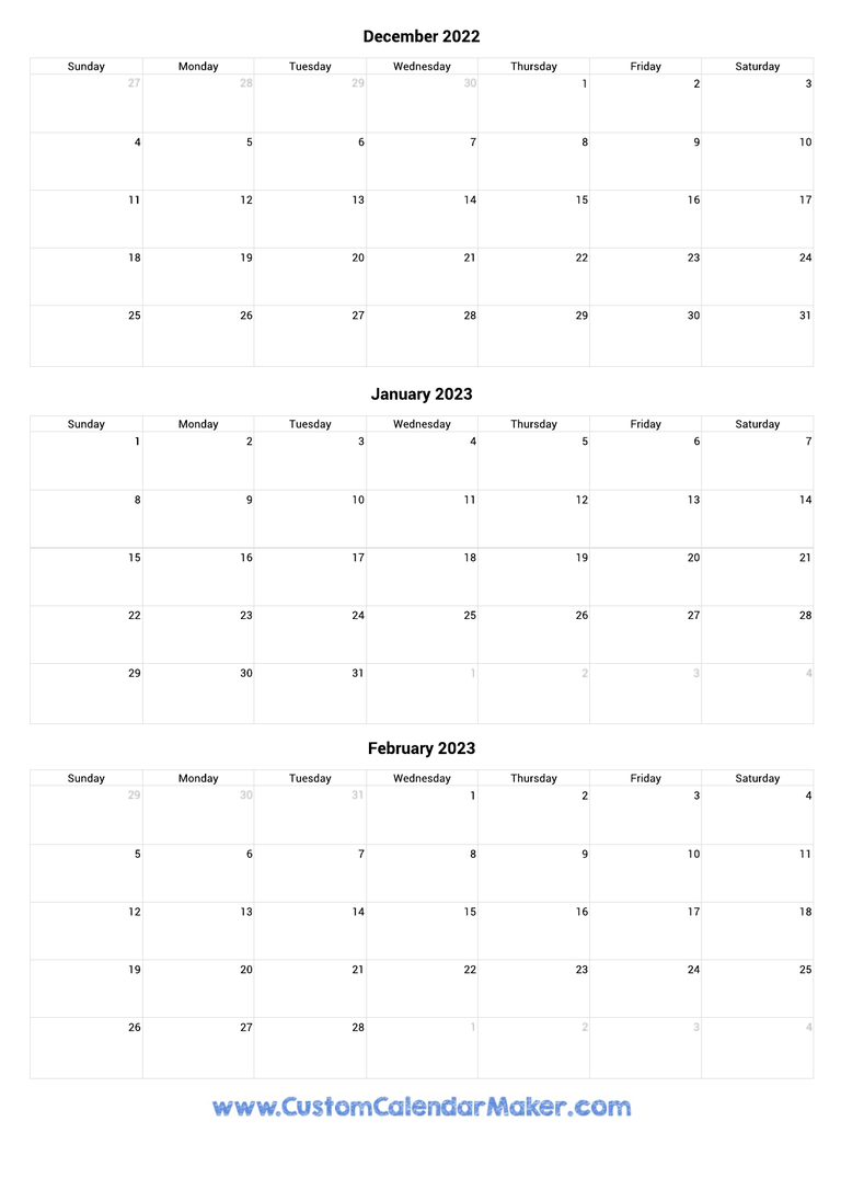 December 2022 to February 2023 Calendar