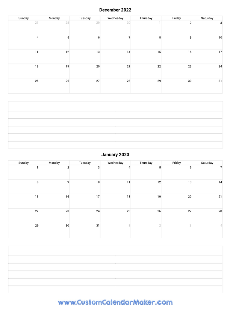 december 2022 and january 2023 calendar with notes