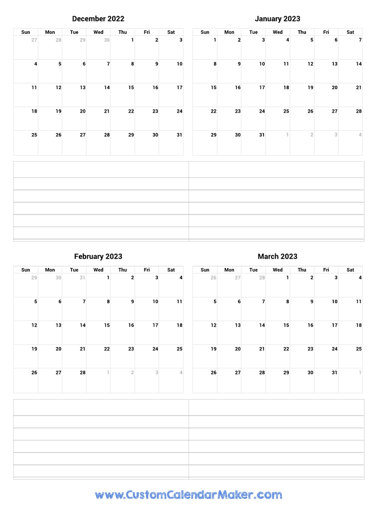 December 2022 to March 2023 Calendar