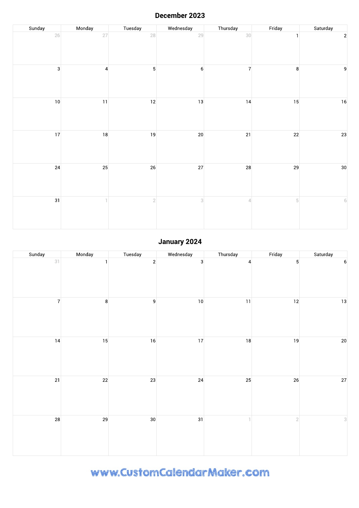December 2023 and January 2024 Printable Calendar Template