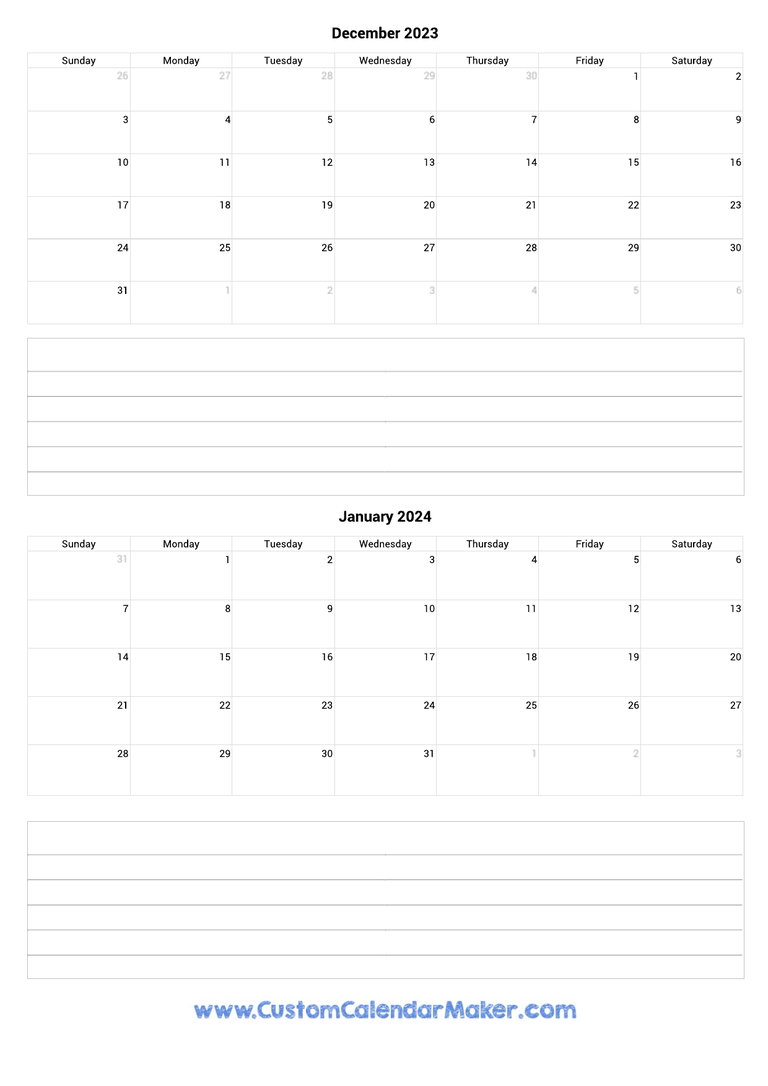 december 2023 and january 2024 calendar with notes