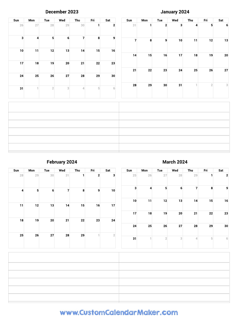 December 2023 to March 2024 Calendar
