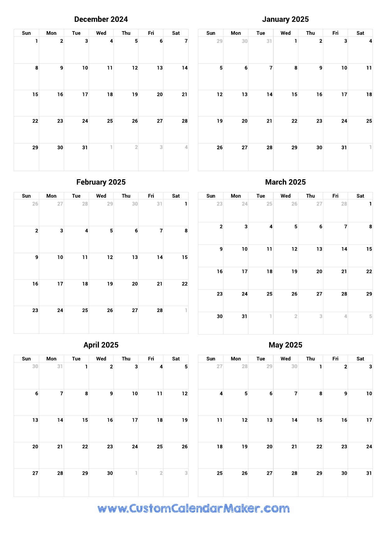 December 2024 to May 2025 Printable Calendar