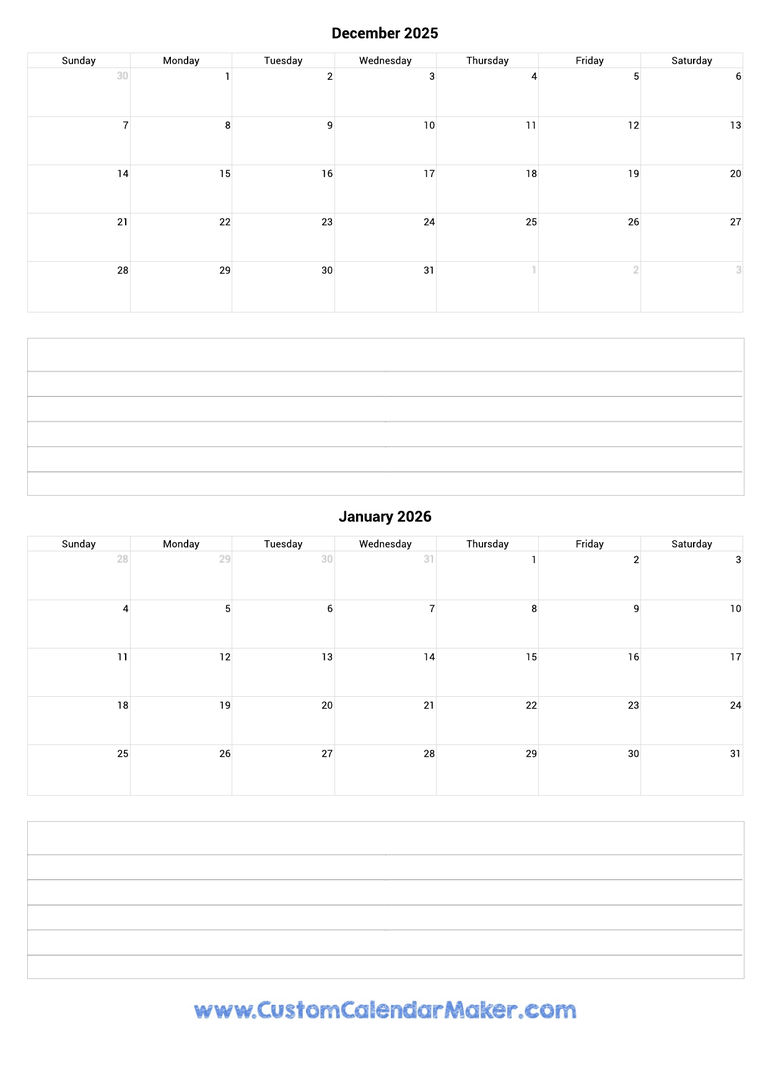 december 2025 and january 2026 calendar with notes