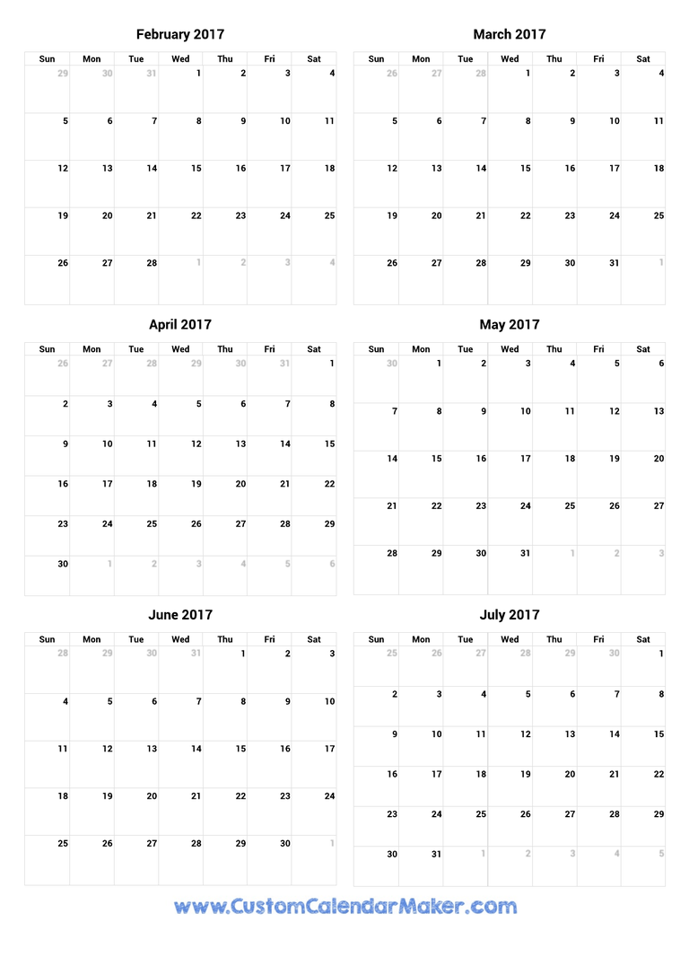 February to July 2017 Calendar