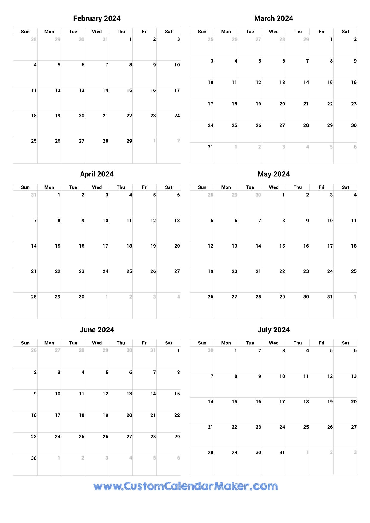February To July 2024 Printable Calendar