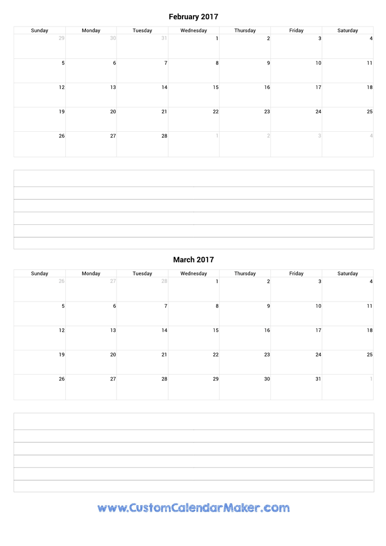 february and march 2017 calendar with notes