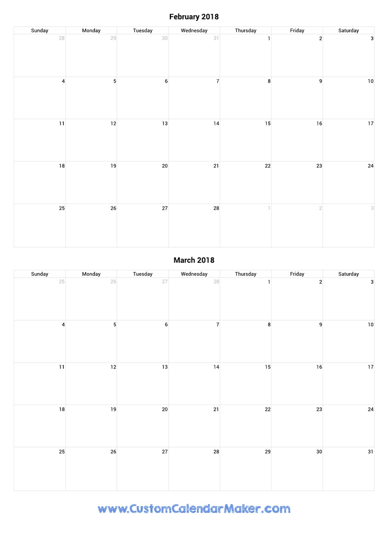 february and march 2018 portrait calendar