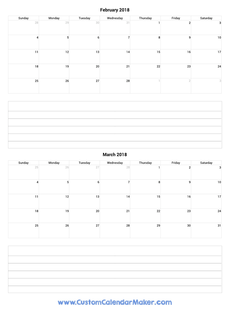 february and march 2018 calendar with notes