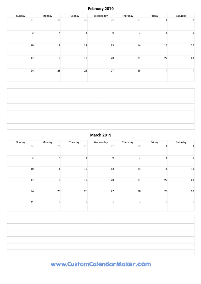 february and march 2019 calendar with notes