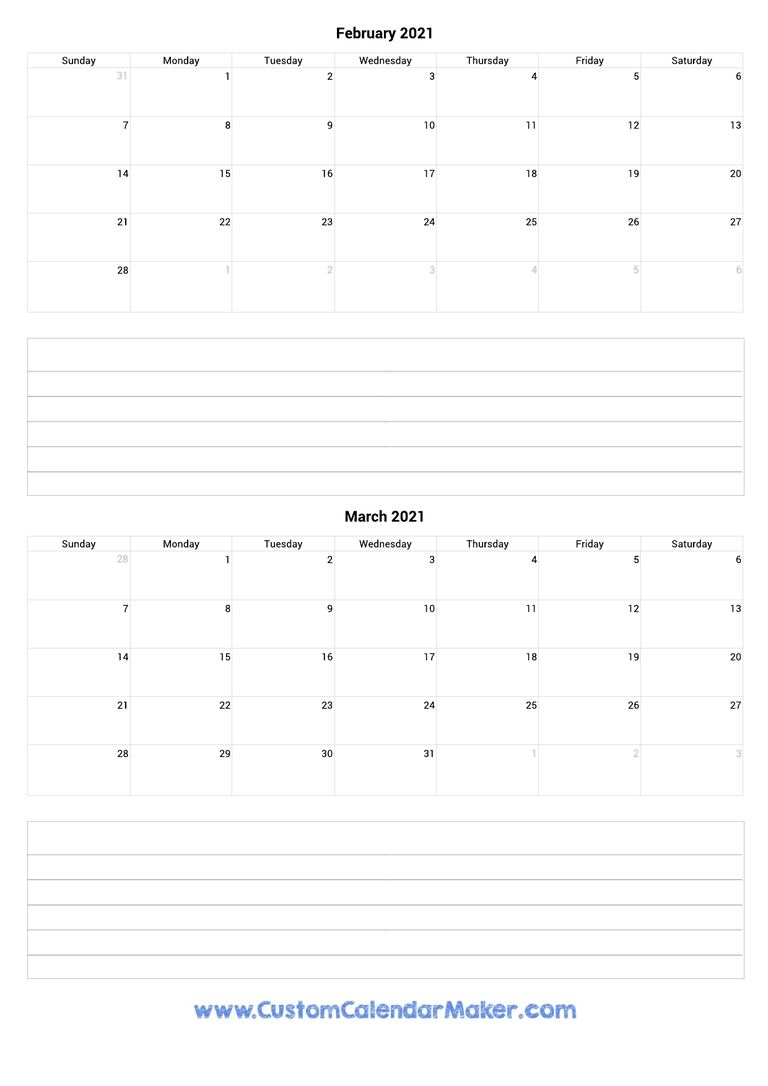 february and march 2021 calendar with notes