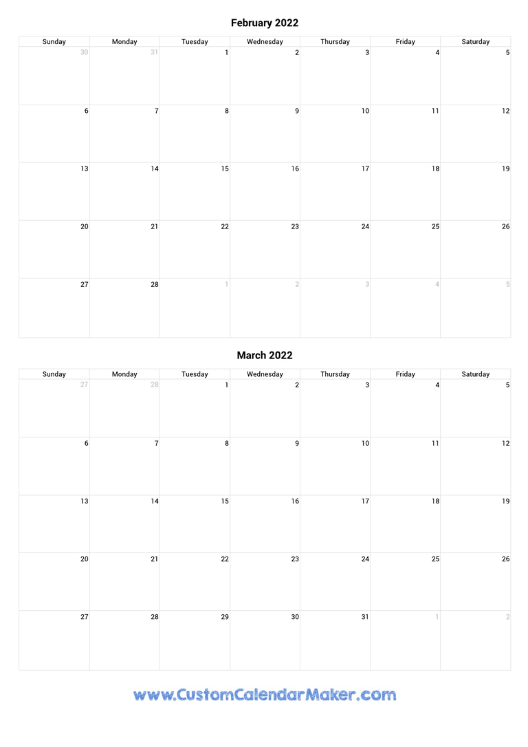 february and march 2022 portrait calendar