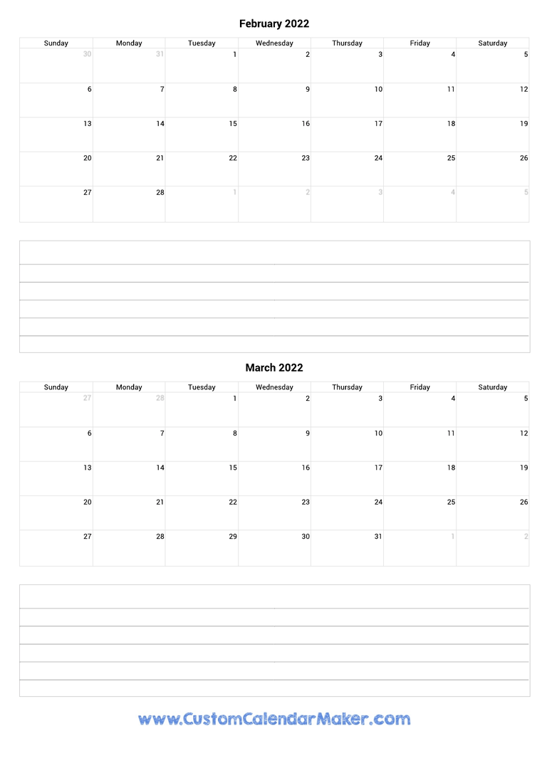 february and march 2022 calendar with notes