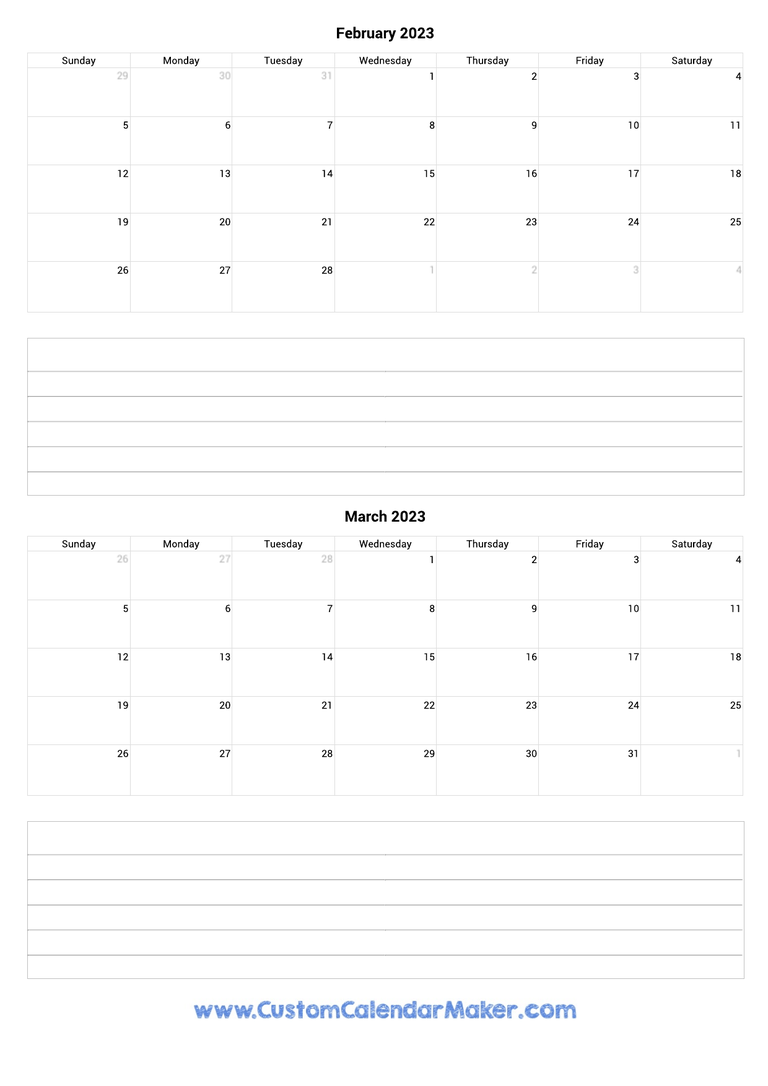 february and march 2023 calendar with notes
