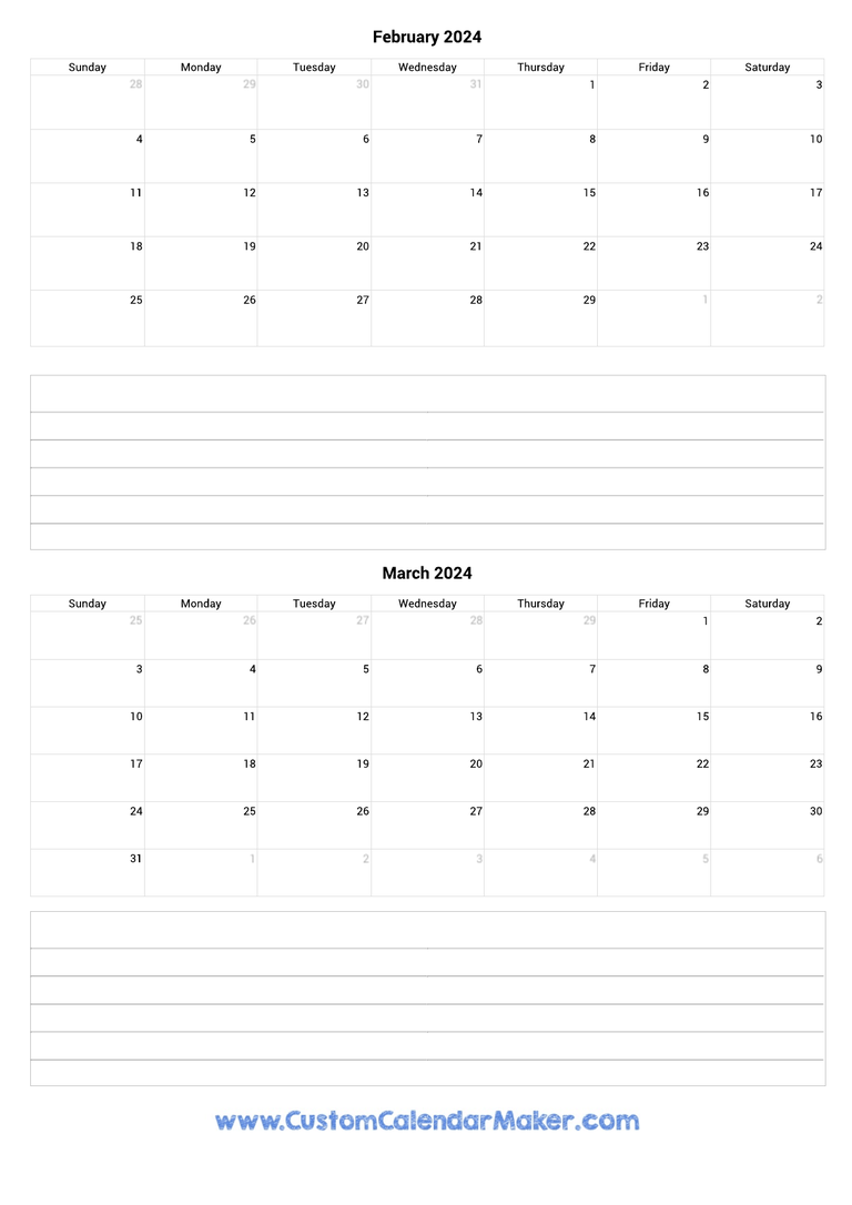 february and march 2024 calendar with notes