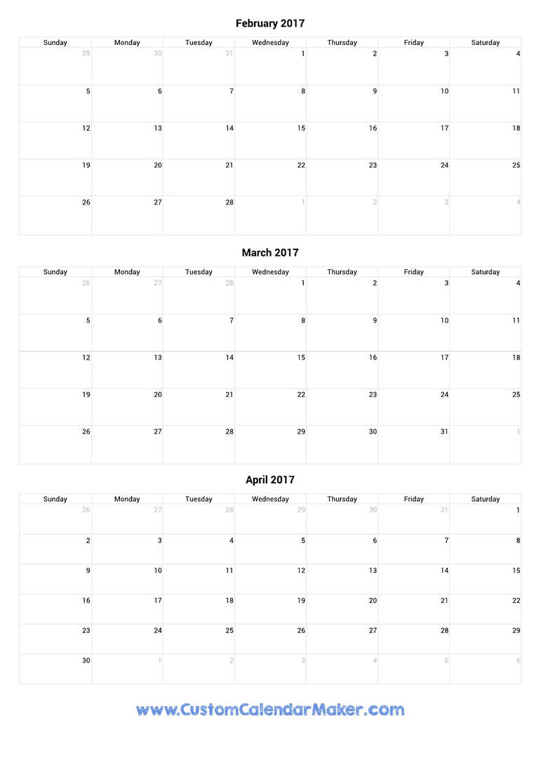 February to April 2017 Calendar