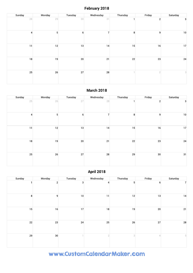 February to April 2018 Calendar