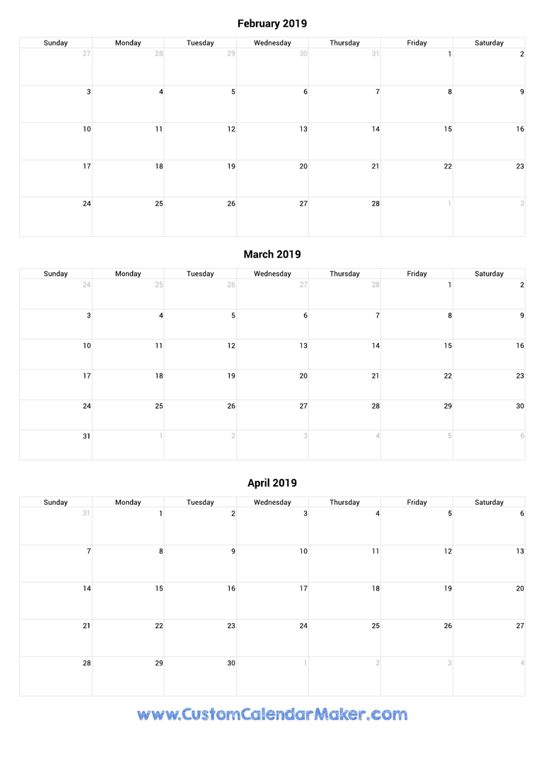 February to April 2019 Calendar
