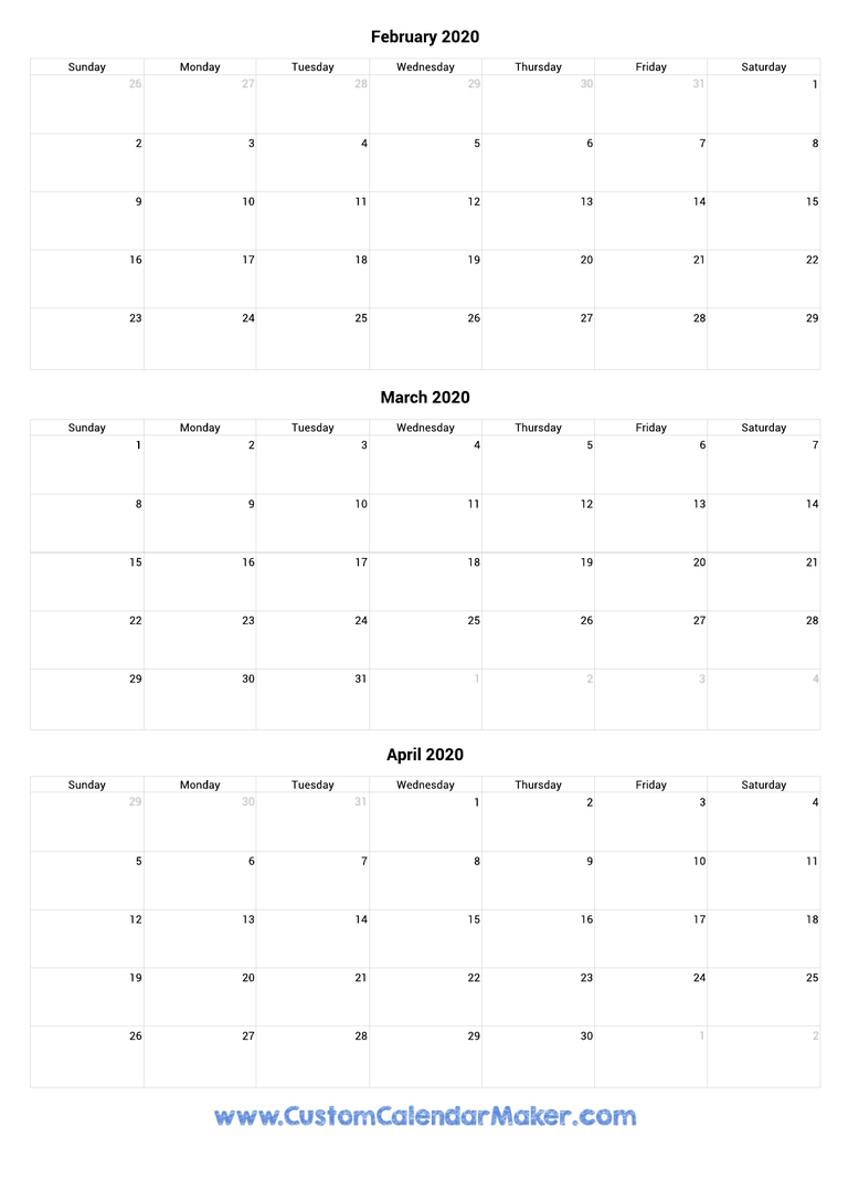 February to April 2020 Calendar