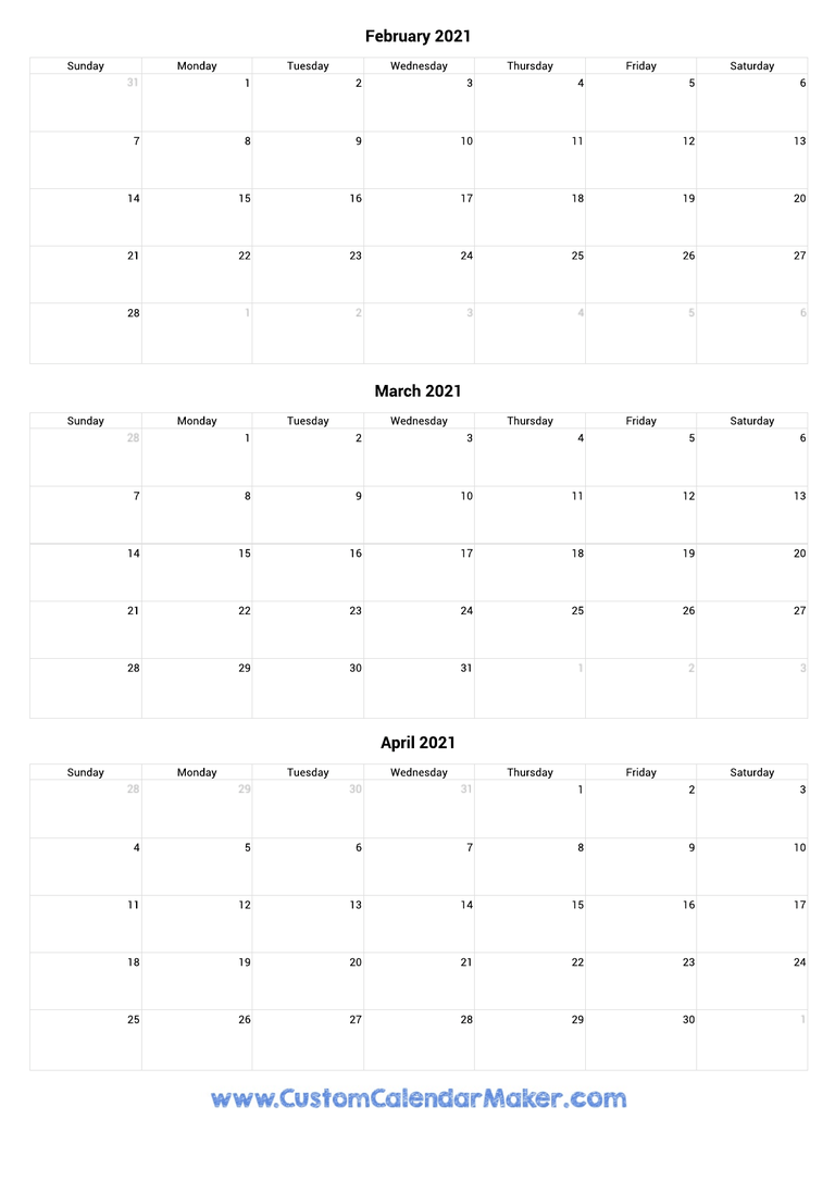 February to April 2021 Calendar