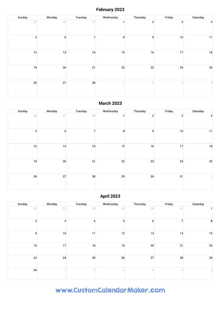 February to April 2023 Calendar